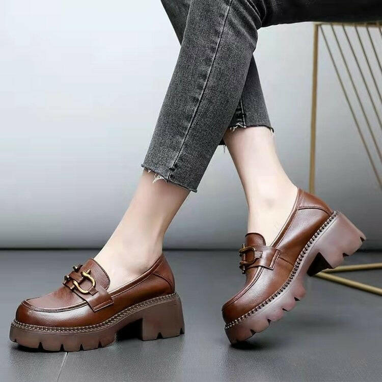 Women’s Platform Chunky Heel Slip-On Shoes – Stylish Metal Buckle Casual Loafers.