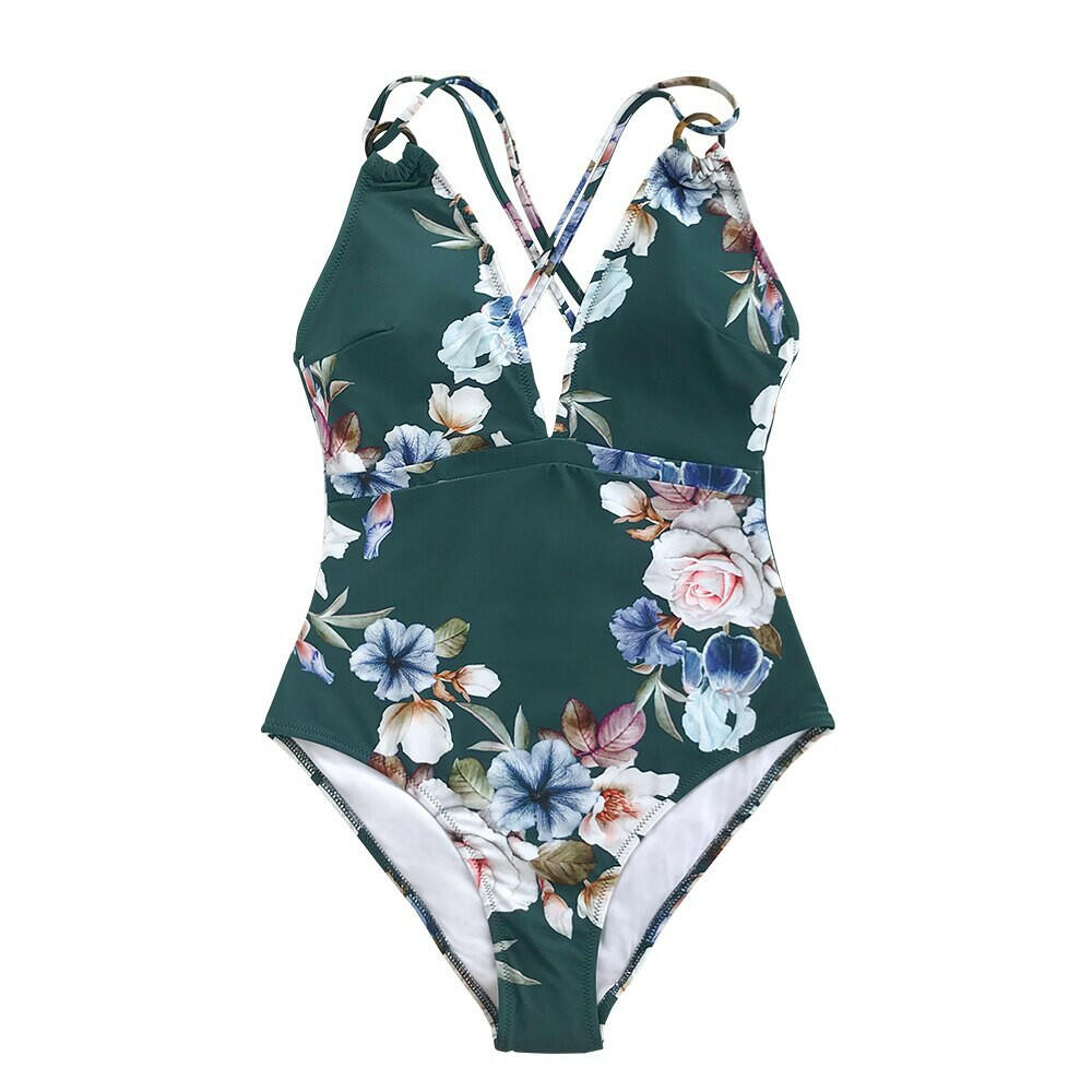 CUPSHE Blue Floral Strappy One-Piece Swimsuit Women Sexy Crisscross Monokini Swimwear Girl Beach Bathing Suits.