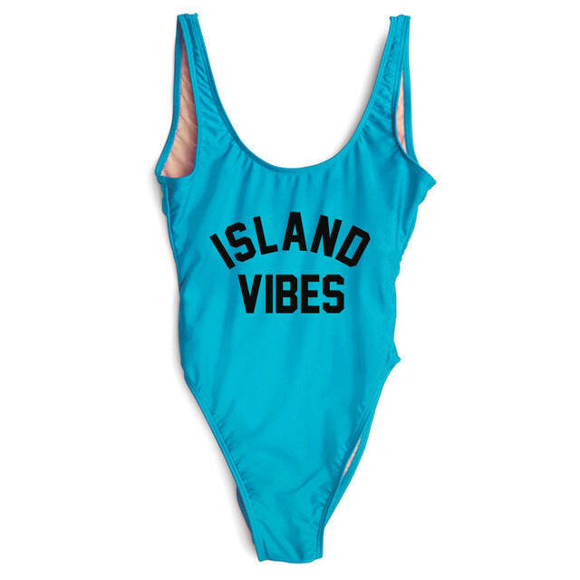 Sexy Swimwear Women ISLAND VIBES Letter Print Swimwear Women High Cut Low Back Bathing Suits.