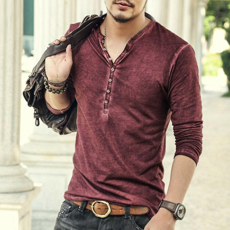 Men's Designer Vintage Henley T-Shirt - Slim Fit Long Sleeve Cardigan Tee.