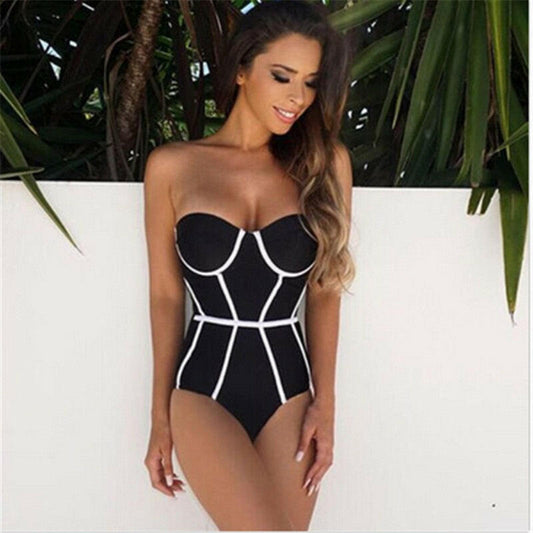 Strapless Push Up One Piece Swimsuit Women Patchwork Body Swimwear Bodysuit Swimming Wear Bathing Suit Lady Beachwear Elegant.