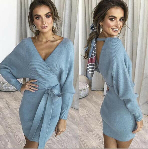 Dicloud sexy v neck sweater dress women knitted vestidos bandage bodycon hollow out wrap dress winter female party dresses.