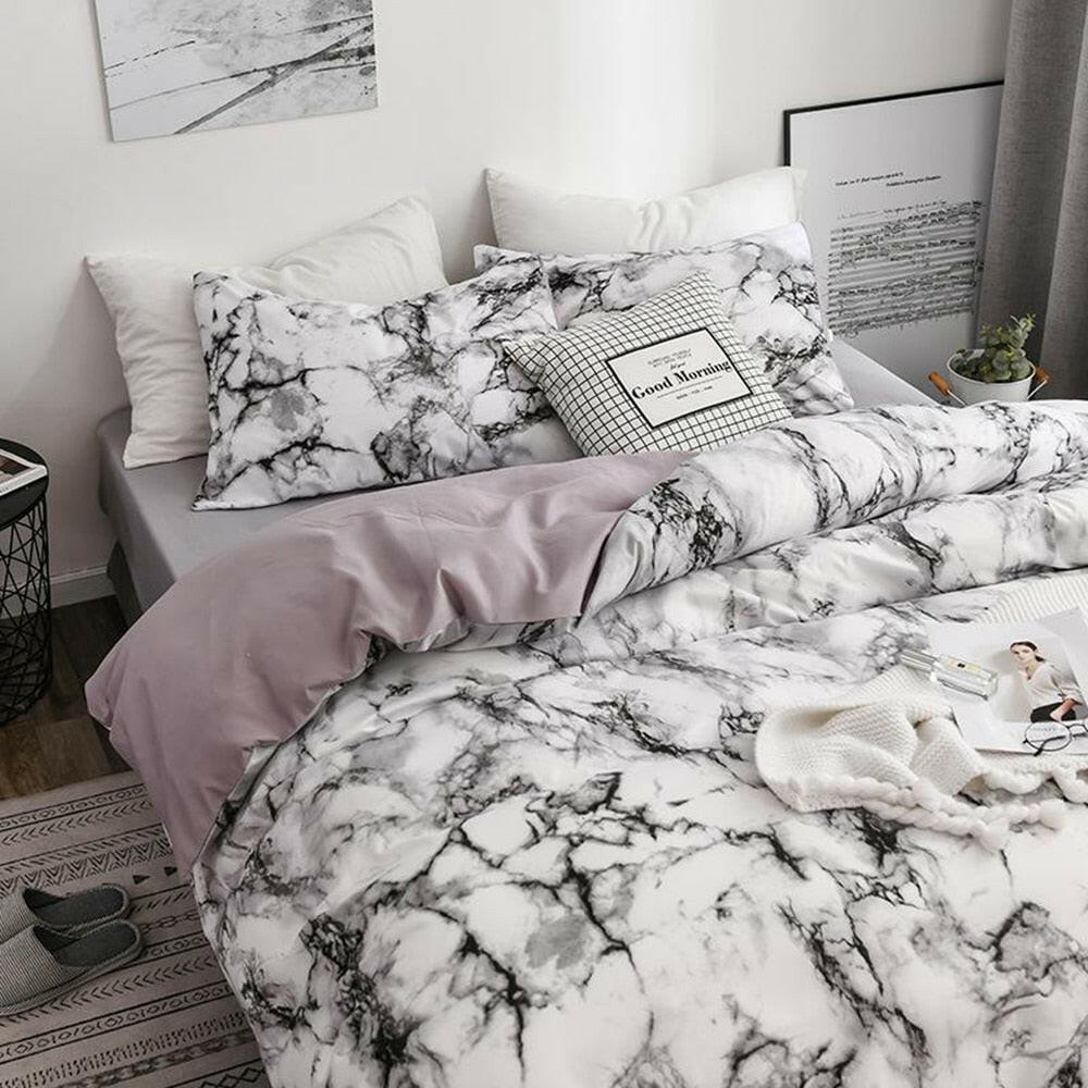 The Bedroom Bedding Is A Comfortable White Marble Pattern Printed Duvet Cover (2/3 Piece Set).