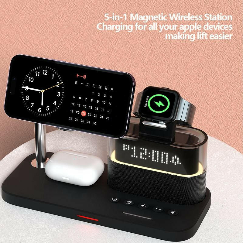 Magnetic 3-in-1 Wireless Charger with Clock – Fast Charging for Apple iPhone, Apple Watch & AirPods.