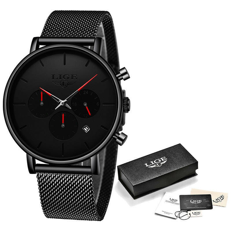 LIGE Men's Mesh Belt Personality Ultra Thin Fashion Multi-Functional Waterproof Quartz Watch Watch.