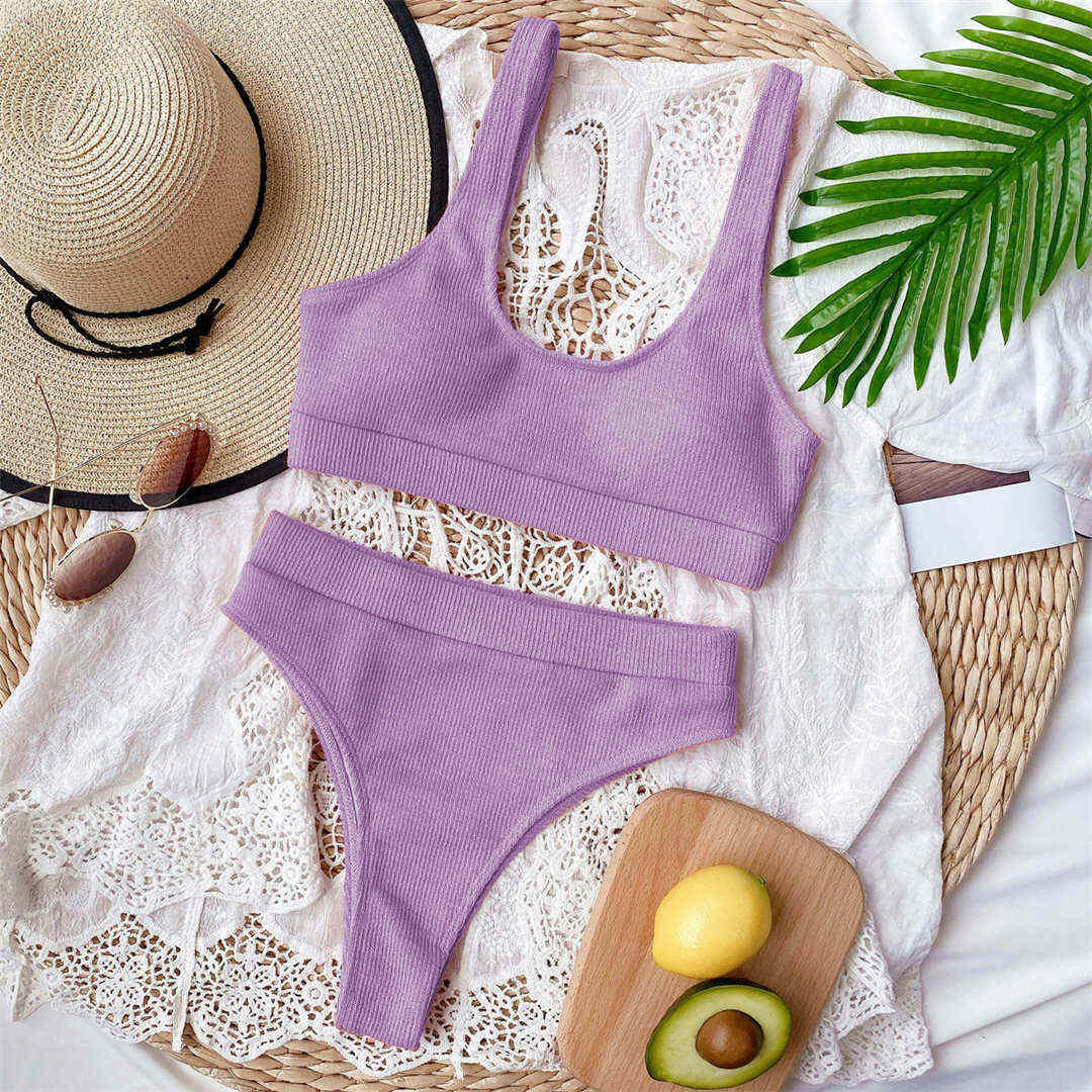 Sexy Ribbed Swimsuit High Waist Bikini Women Swimwear Two-pieces Bikini set Bather Bathing Suit Swim Wear V1946G.