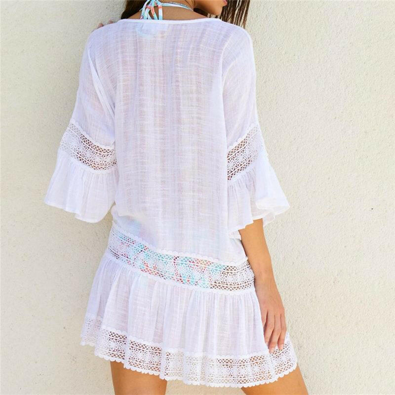 Bamboo Cotton Summer Pareo Beach Cover Up Sexy Swimwear Women Swimsuit Cover Up Kaftan Beach Dress Tunic White Beachwear Q382.