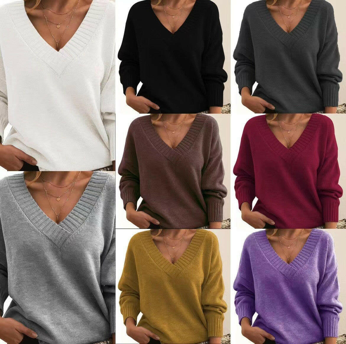 Women's European & American Loose V-Neck Pullover Sweater – Casual & Versatile Knitwear.