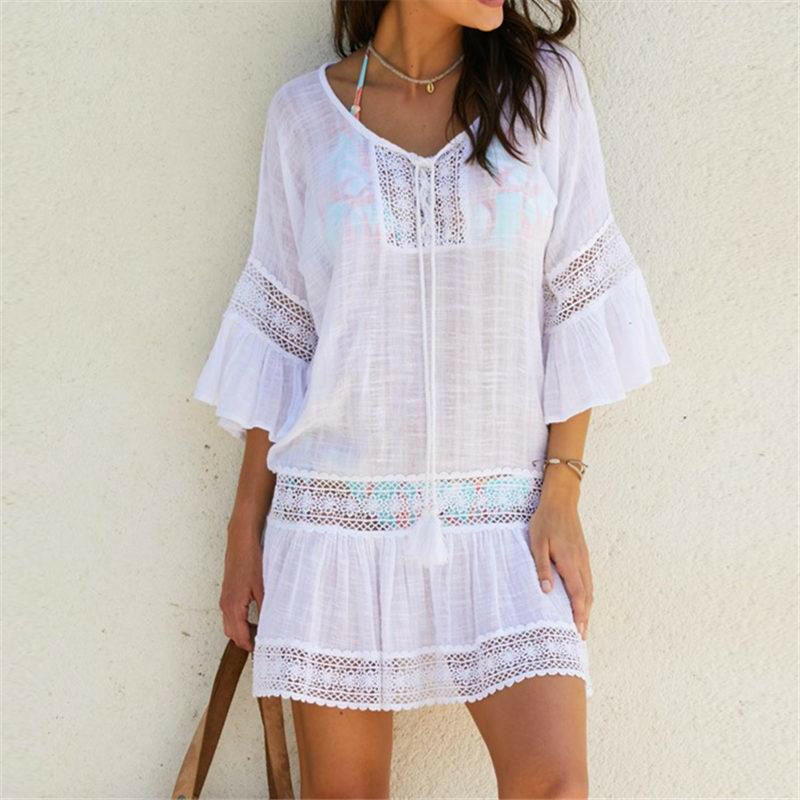 Bamboo Cotton Summer Pareo Beach Cover Up Sexy Swimwear Women Swimsuit Cover Up Kaftan Beach Dress Tunic White Beachwear Q382.