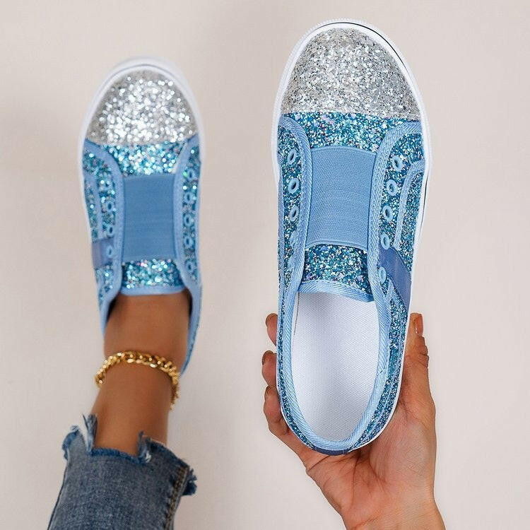 Large Size Canvas Low-Top Shallow Mouth Sequin Shoes.