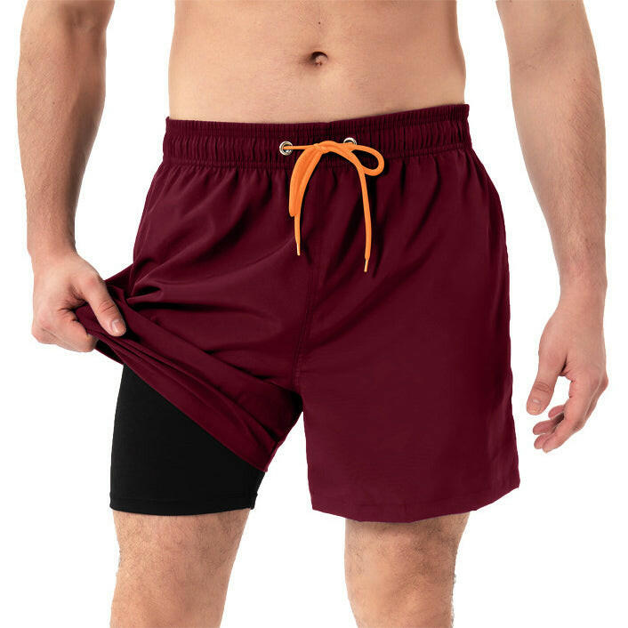 Men's 2-in-1 Beach Swimming Shorts with Zipper Pockets.