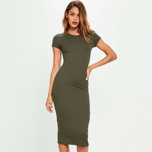 Women Summer Dress 2018 Short Sleeve O Neck Cotton Slim Bodycon Dresses Army Green Black Basic Casual Midi Dress.