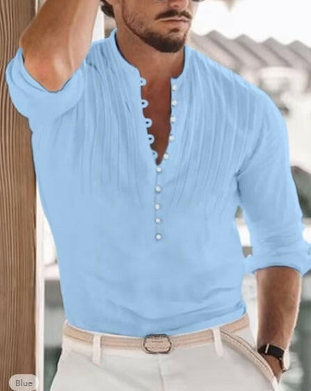 Cotton and Linen Mens Casual Button Round Neck Solid Standing Collar Shirt.