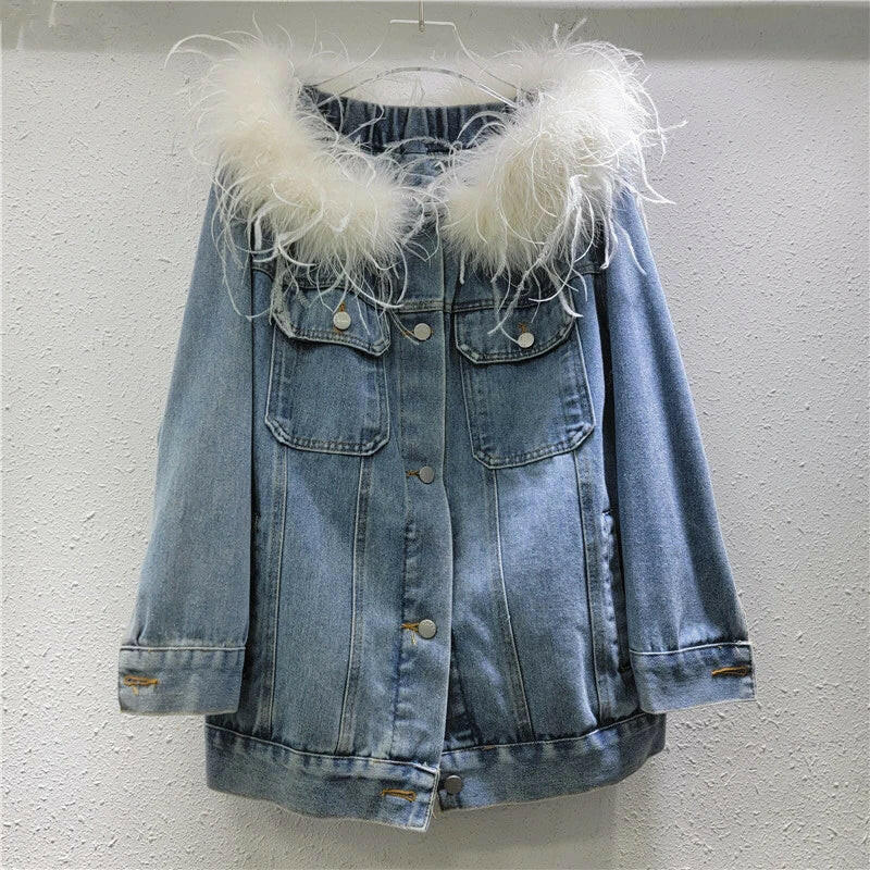 Women's Feather Patchwork Slash Neck Denim Coat – Spring Loose Jacket.