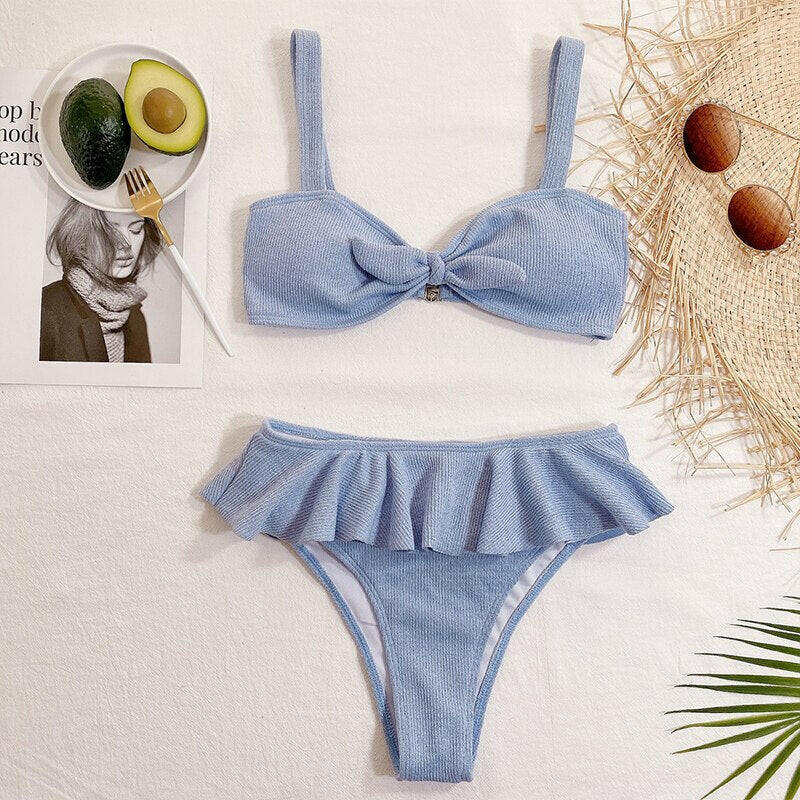 Rivertrip Ruffle Bikini Set Ribbed Women's Swimwear New Bow High Leg Swimsuits Push Up Bathing Suit Sexy Brazilian Bikinis.