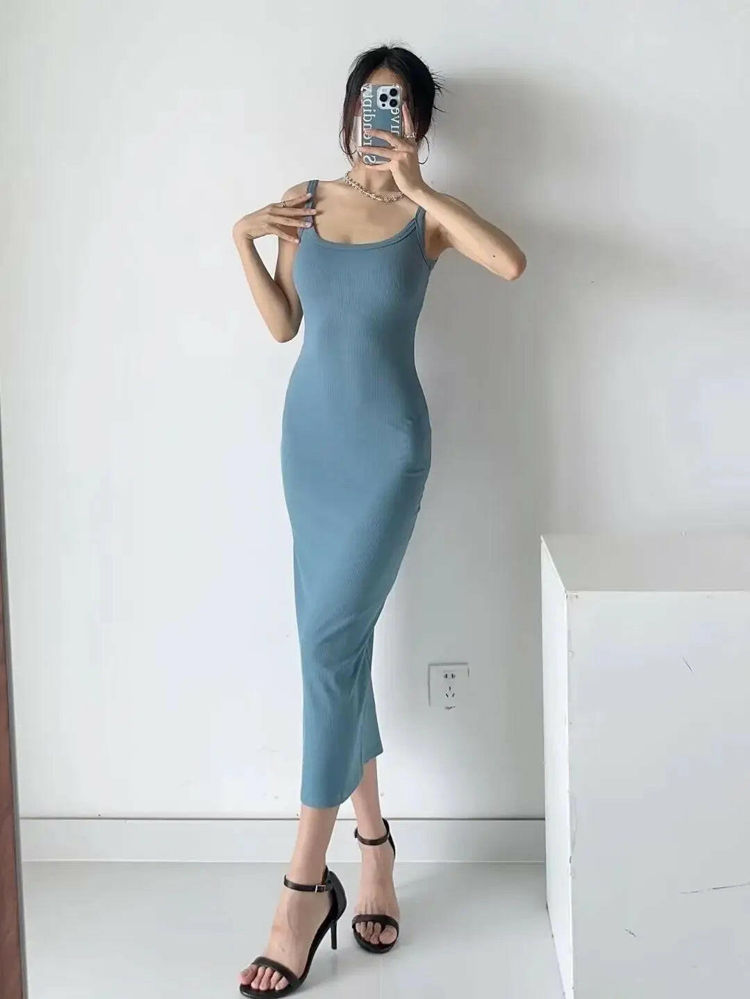 Summer Spaghetti Strap Knits Midi Dress Women Backless Split Slim Elastic 6 Colors Dresses.