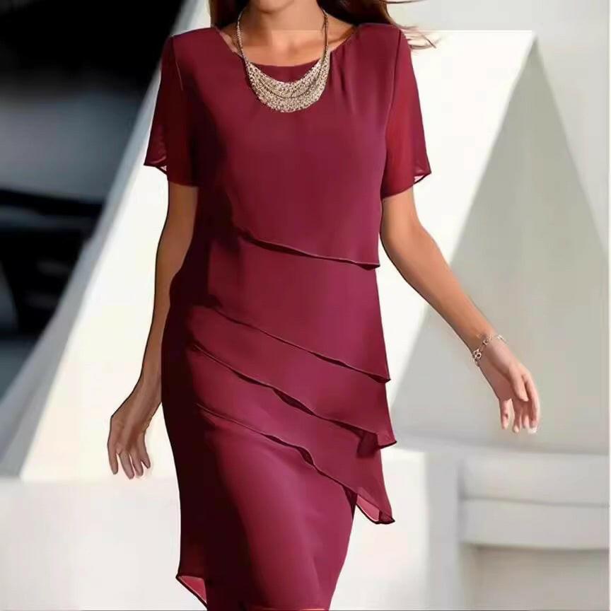 Women's Solid Color Short-Sleeved Sparkling Ruffle Edge Round Neck Casual Dress.