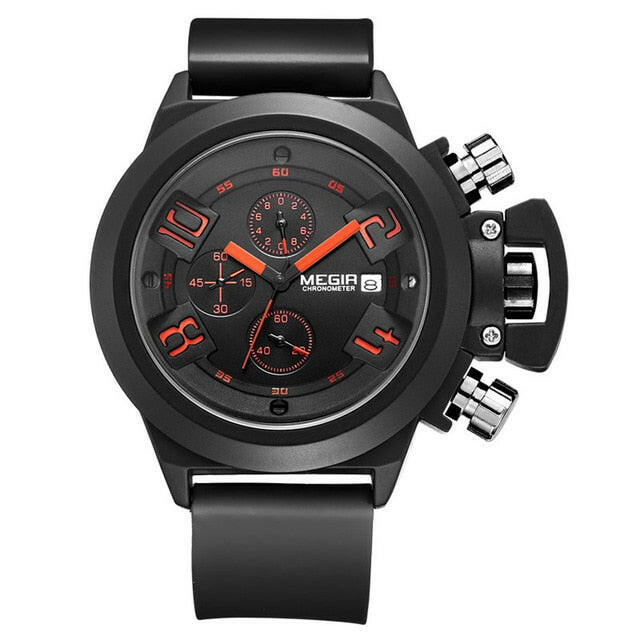 MEGIR Men's Casual Quartz Watch - 3D Engraved Dial, Waterproof Military Sport Watch, Silicone Strap.