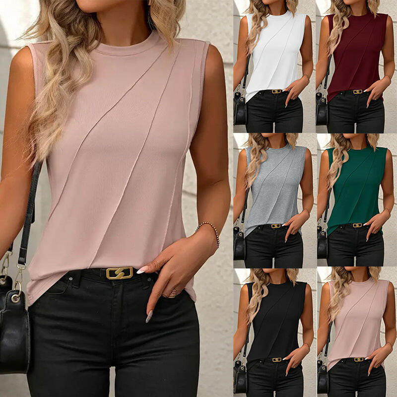 Women's Summer Solid Color Round Neck Sleeveless Loose T-Shirt Vest.