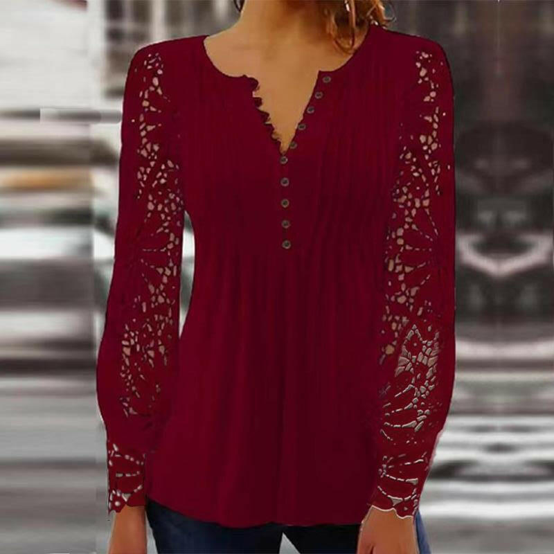 Fashionable new women's lace lace sleeves with pleats solid color button down t-shirt base shirt.