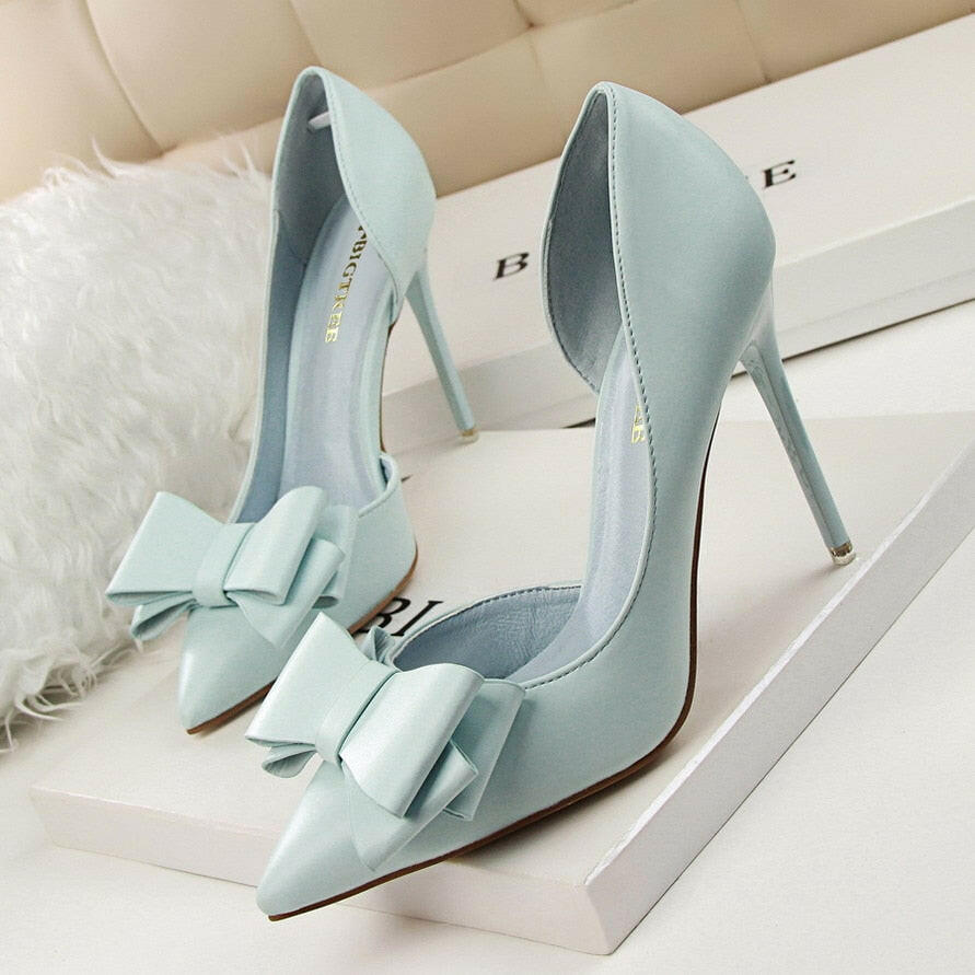 Fashion delicate sweet bowknot high heel shoes side hollow pointed Stiletto Heels Shoes women pumps.