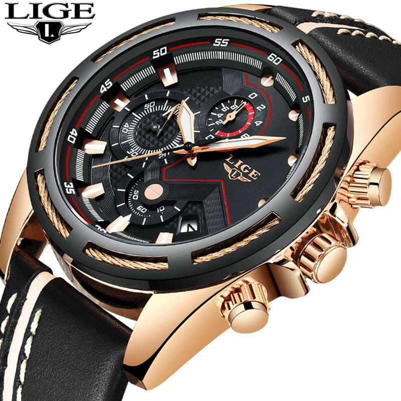 LIGE Watch Men Sport Quartz Clock Leather Mens Watches Top Brand Luxury Gold Waterproof Business Watch.