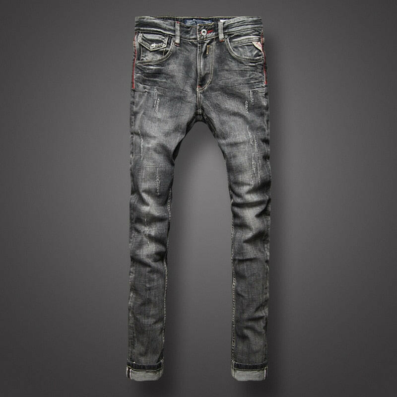 Black Gray Color Denim Mens Jeans High Quality Italian Style Retro Design Slim Fit Ripped Jeans.