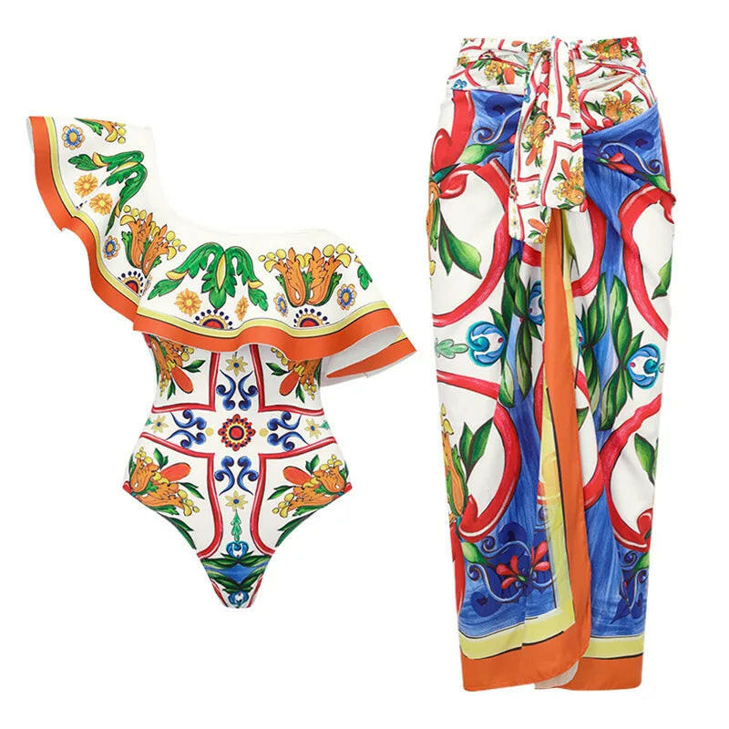 New Women's Lotus Edge Enamel Print Beach Vacation One Piece Swimwear Set.