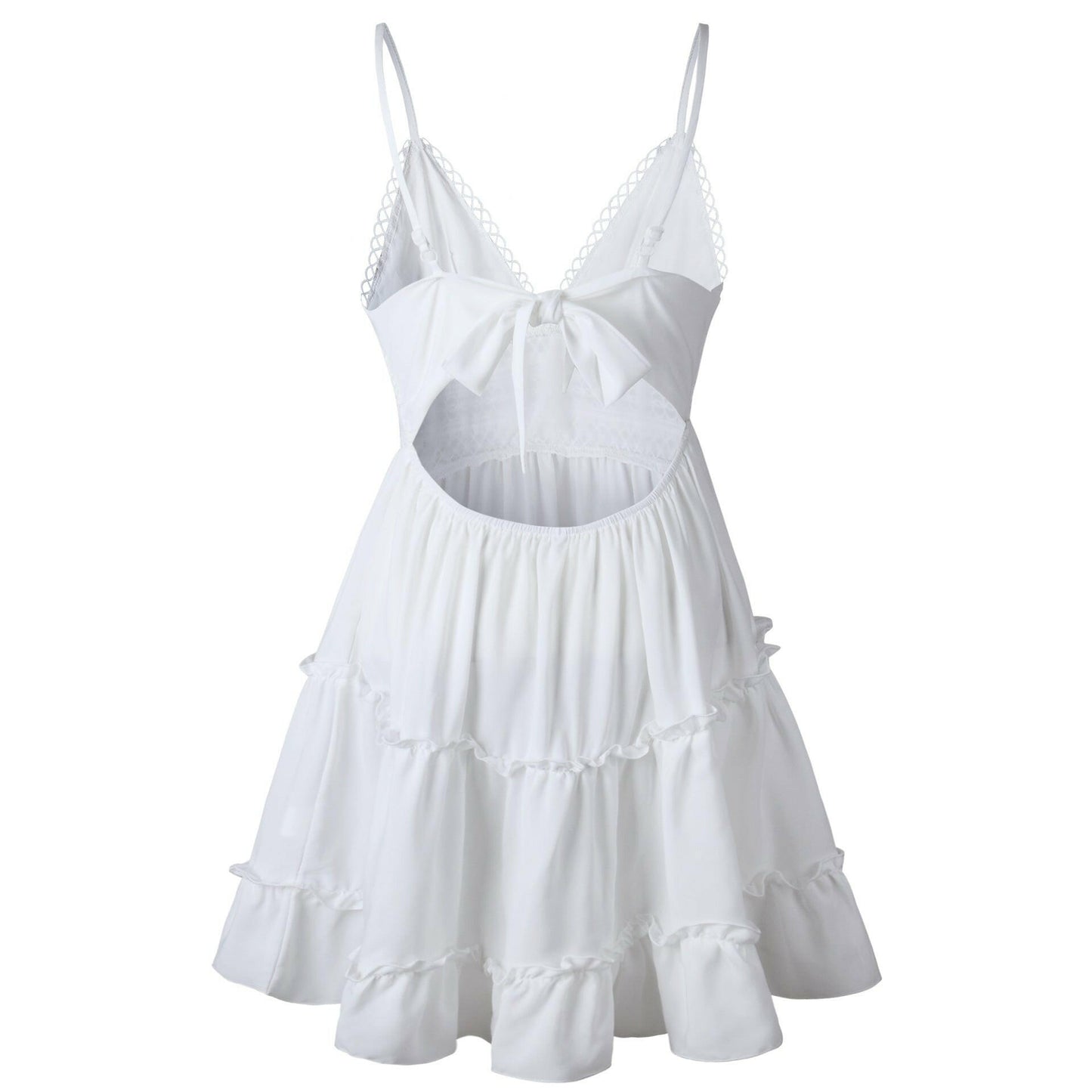 Summer Women Lace Dress Sexy Backless V-neck Beach Dresses  Fashion Sleeveless Spaghetti Strap White Casual Mini Sundress.