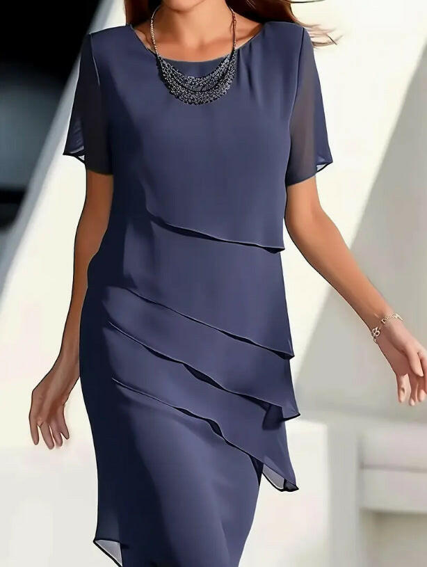 Women's Solid Color Short-Sleeved Sparkling Ruffle Edge Round Neck Casual Dress.