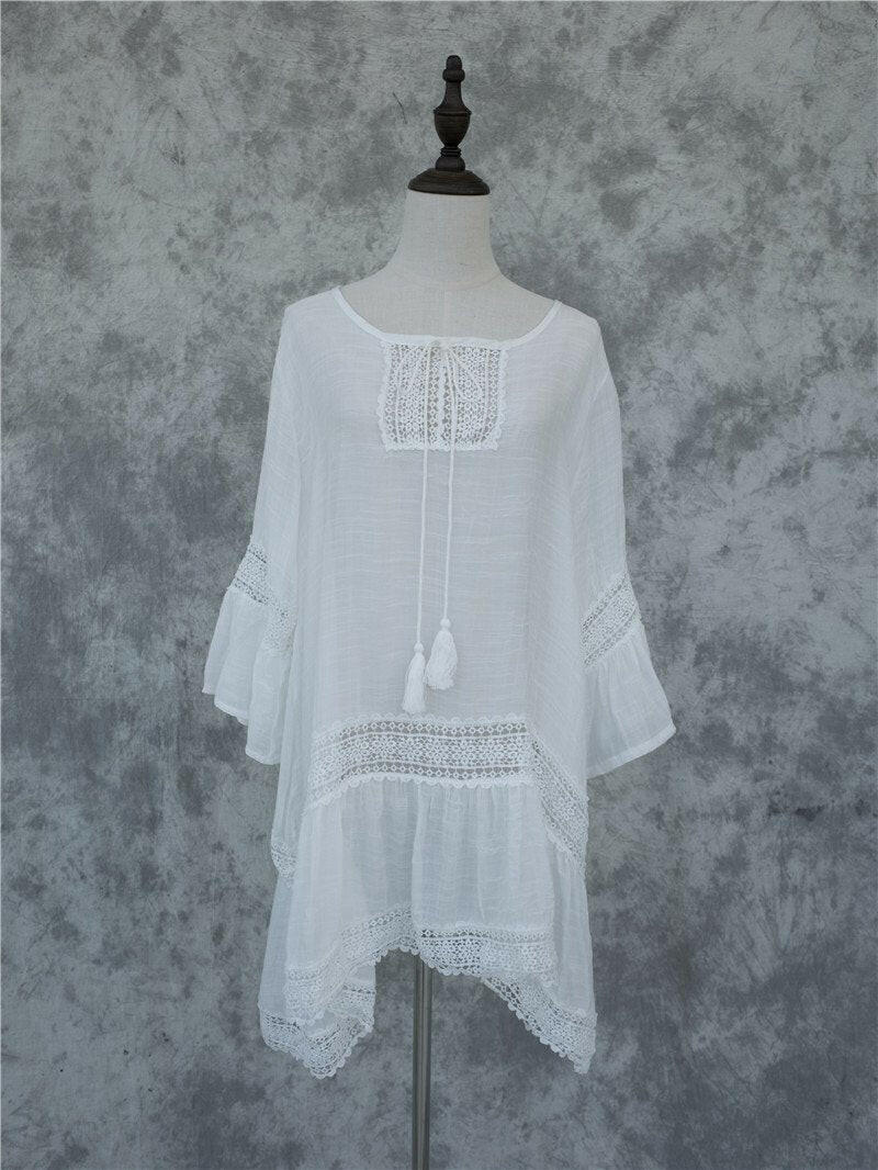 Bamboo Cotton Summer Pareo Beach Cover Up Sexy Swimwear Women Swimsuit Cover Up Kaftan Beach Dress Tunic White Beachwear Q382.