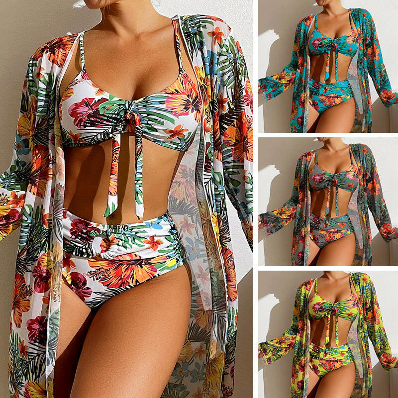 Long Top Split Three-Piece Printed Sexy Swimsuit – Women's Bikini Set.