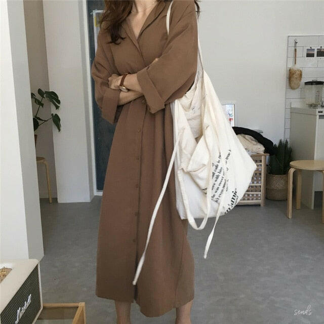 Korea chic Long Sleeve Shirt Dress  New Autumn Spring Casual Patchwork Dresses OL Turn Down Collar Buttons Loose Dresses.