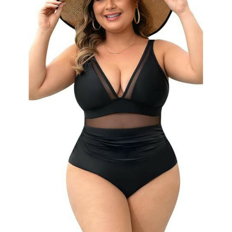 Women's Solid Color Sexy One-Piece Plus Size Swimsuit – Mesh Splicing Beachwear.