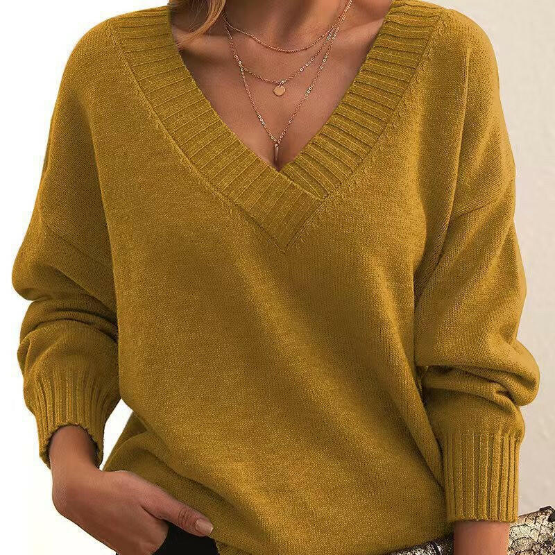 Women's European & American Loose V-Neck Pullover Sweater – Casual & Versatile Knitwear.