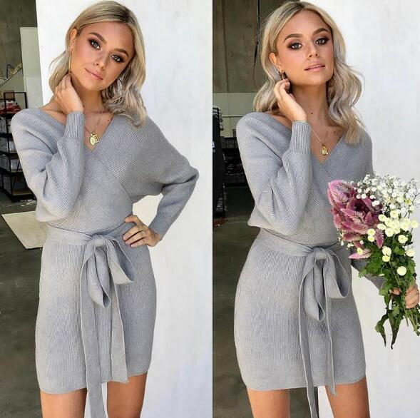 Dicloud sexy v neck sweater dress women knitted vestidos bandage bodycon hollow out wrap dress winter female party dresses.