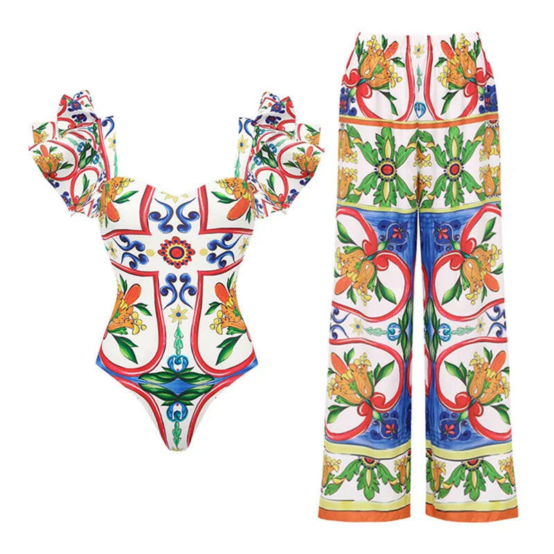 New Women's Lotus Edge Enamel Print Beach Vacation One Piece Swimwear Set.