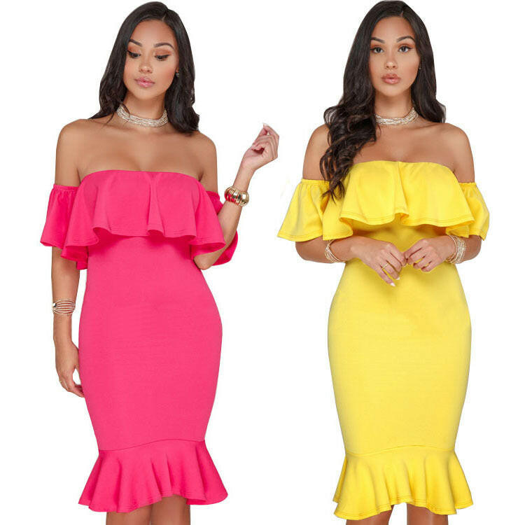 Elegant Yellow Off Shoulder Party Short Dress Women Sexy Backless Ruffles Sleeve Club Dresses Female Clothing.