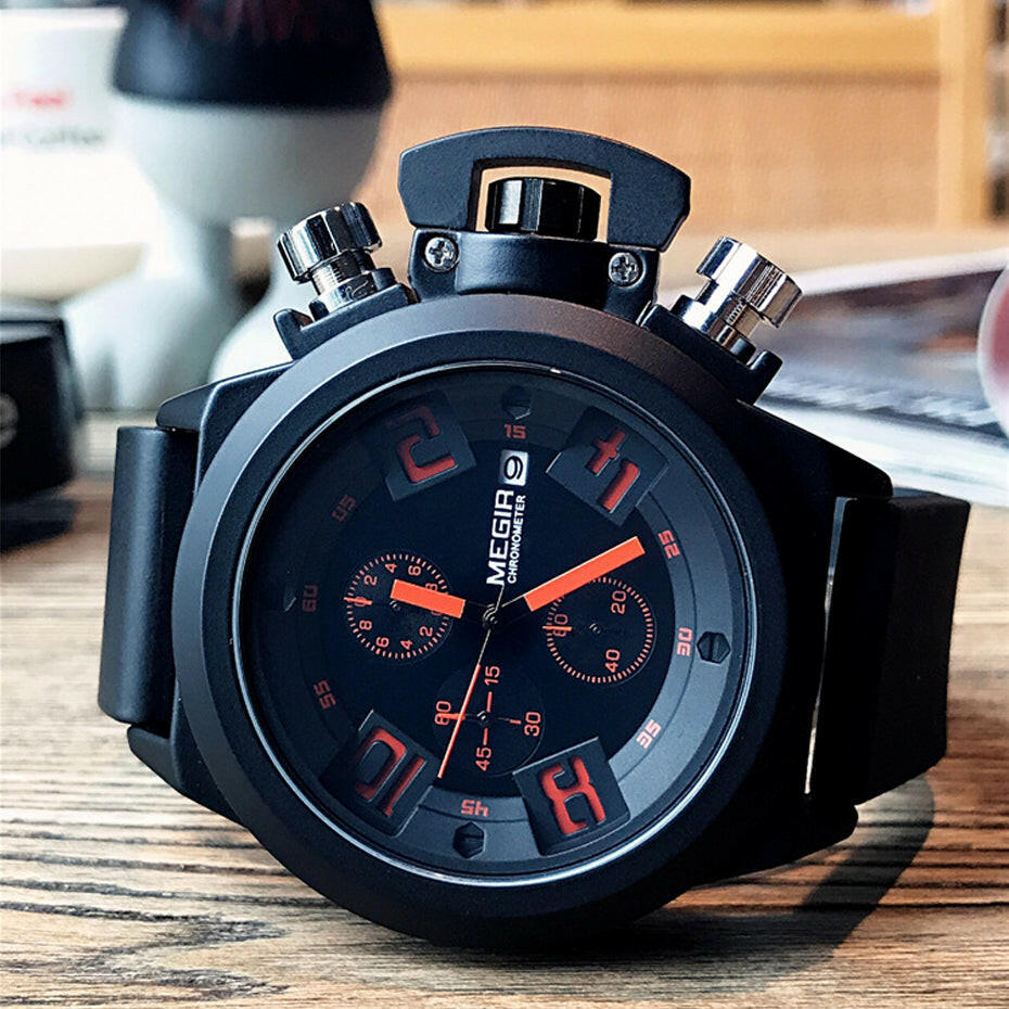 MEGIR Men's Casual Quartz Watch - 3D Engraved Dial, Waterproof Military Sport Watch, Silicone Strap.