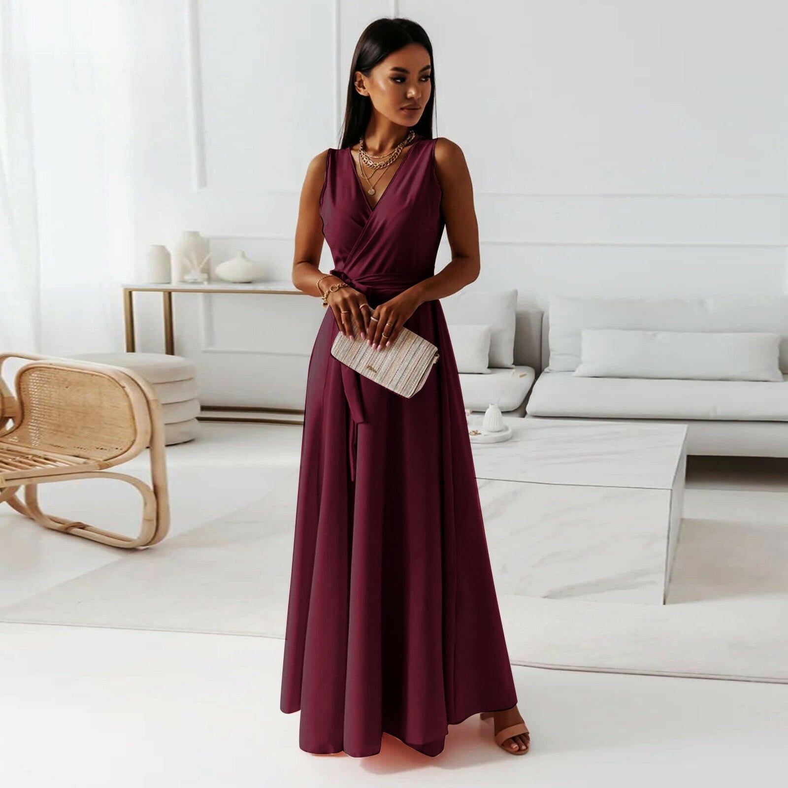 New Women's Solid Color V-Neck Long Dress – Elegant Style.