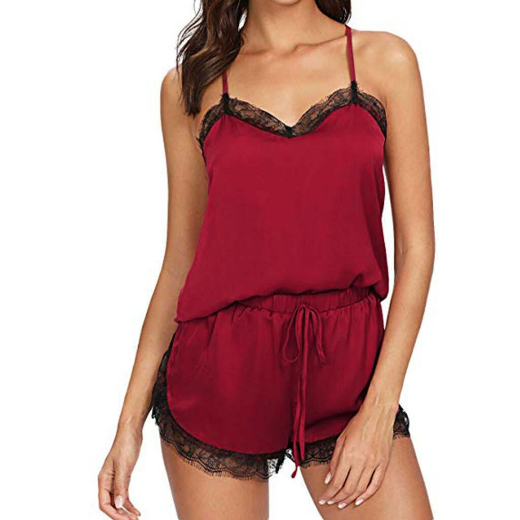 Women Sleepwear Pyjama Sets Sleeveless Strap Lace Trim Satin Cami Top Nightwear Femme Sexy Summer Homewear Sleepwears.