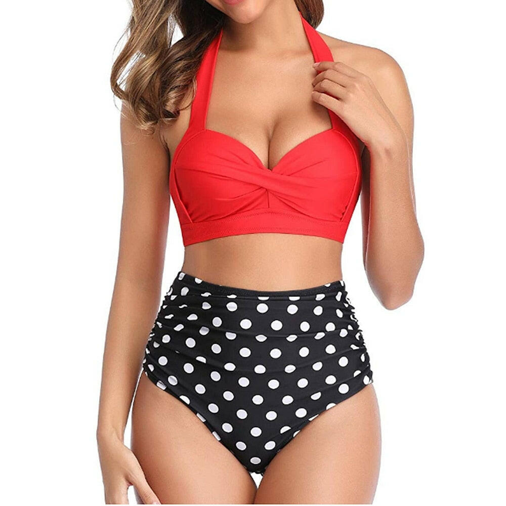 Sexy High Waist Bikini Florial Print Tankini Halter Sexy Bikini Set Polka Dot Female Swimwear Ladies Bathing Suit Plus Size XXL.