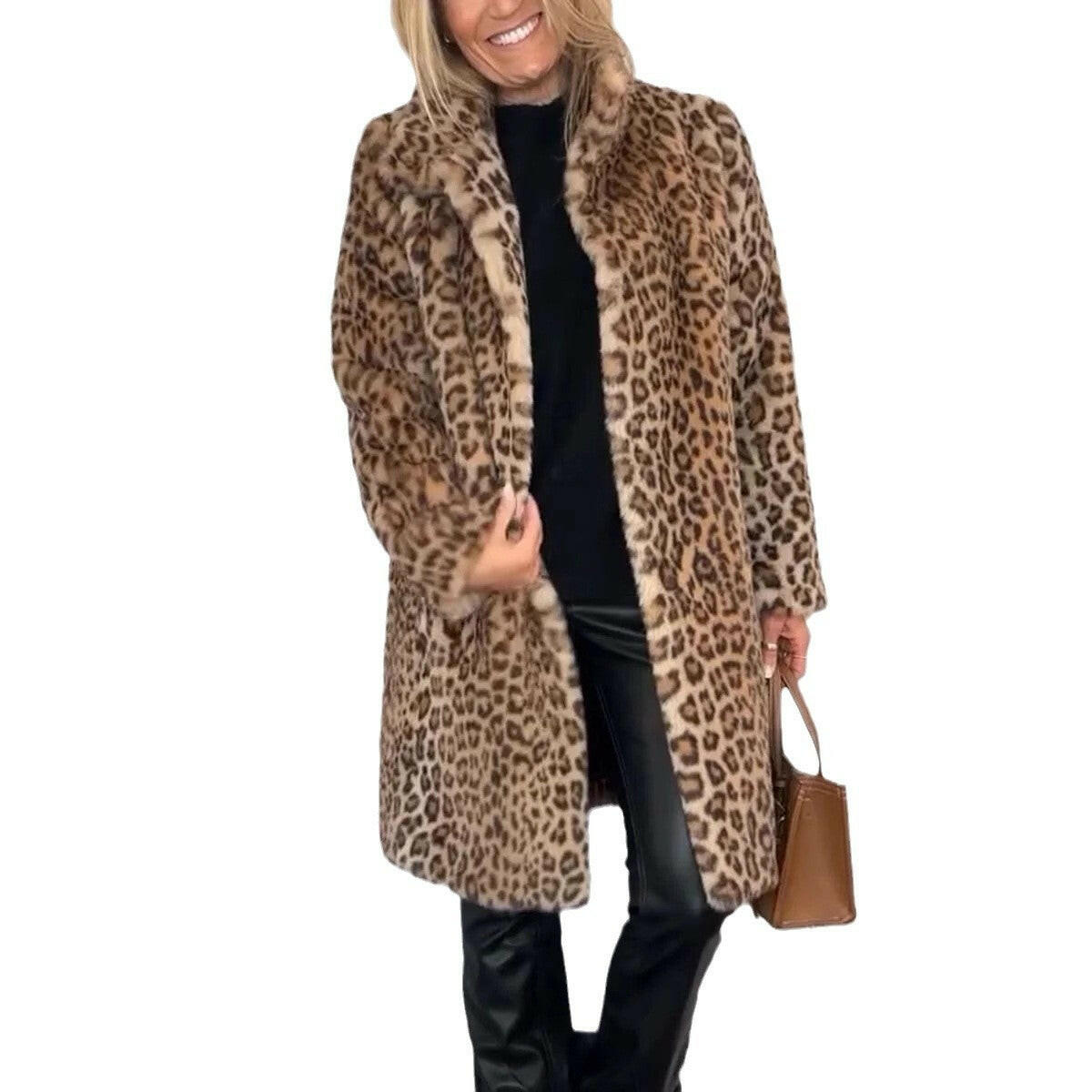 Autumn & Winter Leopard Print Plush Medium-Long Jacket for Women.