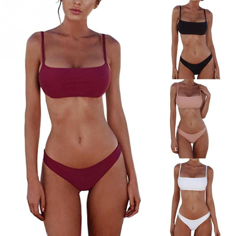 Summer Women Solid Bikini Set Push-up UnPadded Bra Swimsuit Swimwear Triangle Bather Suit Swimming Suit Biquini.