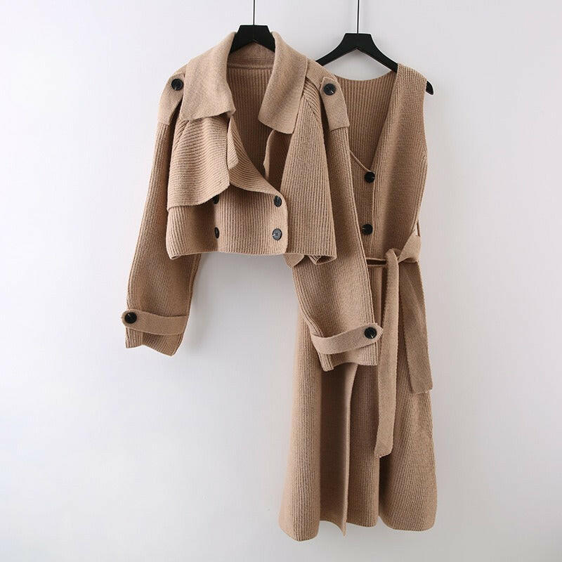 Fashion Knitted 2 Pieces Set For Women Lapel Single Breasted Long Sleeves Patchwork Coat Straight Belt Dresses.