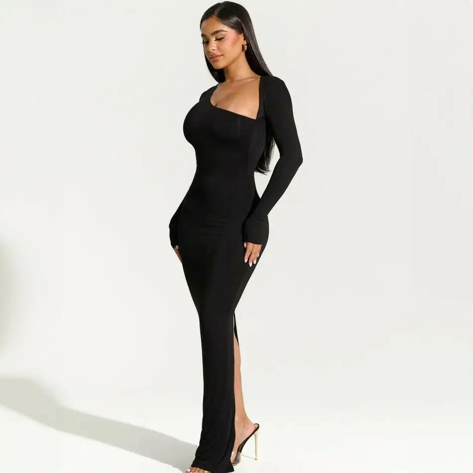 Sexy Black Evening Party Dress Women Elegant 2023 Fall Winter New Outfits Asymmetrical Long Sleeve Slit Maxi Dresses 809.