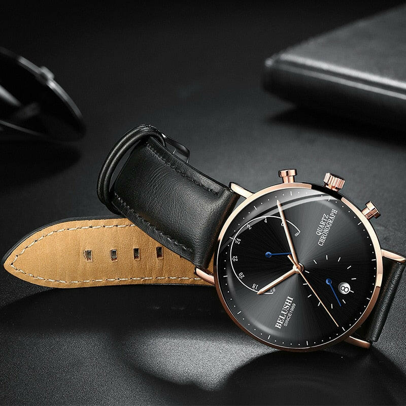 Quartz Watch Men Watches Modern Chronograph Men Watch Leather Strap Watches Man Imitation Luxury Belushi 537 Men'S Sports Watch.