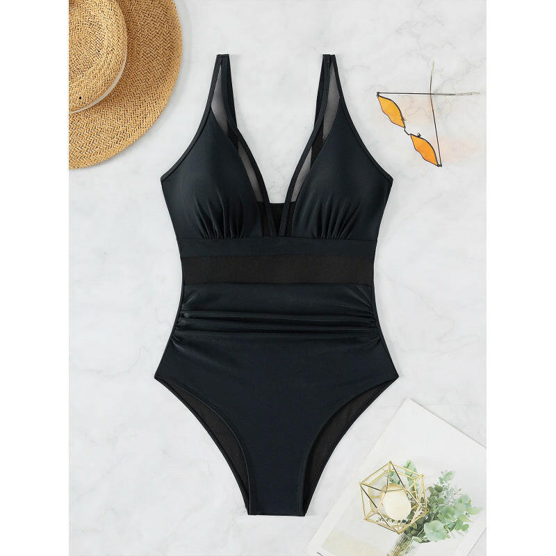 Women's Solid Color Sexy One-Piece Plus Size Swimsuit – Mesh Splicing Beachwear.