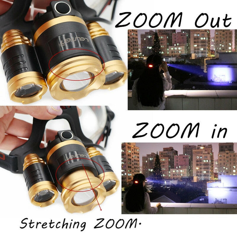 15000Lm XM-T6x3 LED Headlight ZOOM Flashlight Torch Camping Fishing Headlamp lantern Use 2*18650 battery / AC/Car/Usb/ charging.