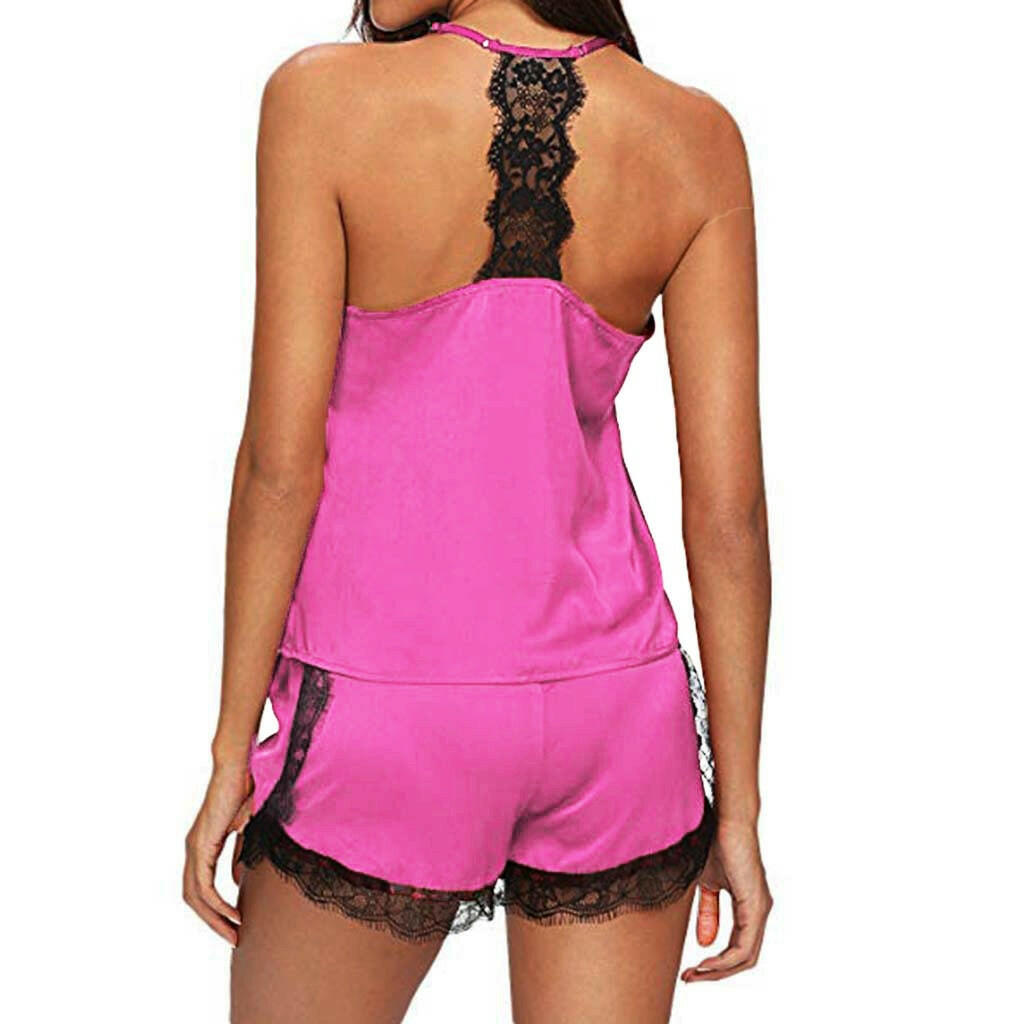 Women Sleepwear Pyjama Sets Sleeveless Strap Lace Trim Satin Cami Top Nightwear Femme Sexy Summer Homewear Sleepwears.